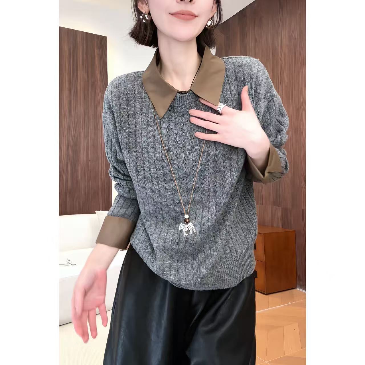 玖了个玖 2025冬款极简百搭香槟金拼接衬衫竖纹领针织衫2512C8707