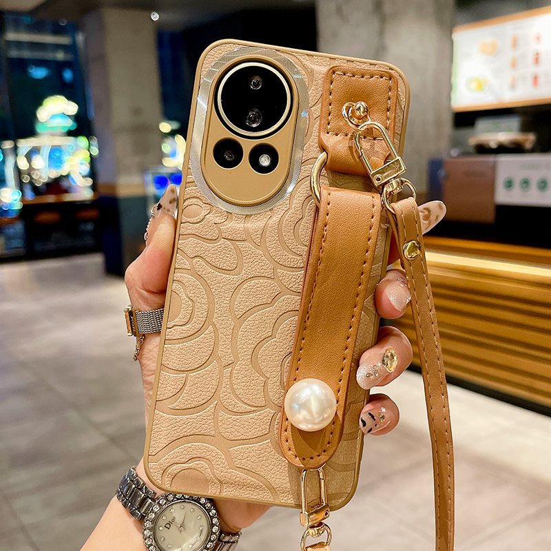 皮质山茶花适用华为nova14手机壳13Pro珍珠腕带12斜跨11背带10女9