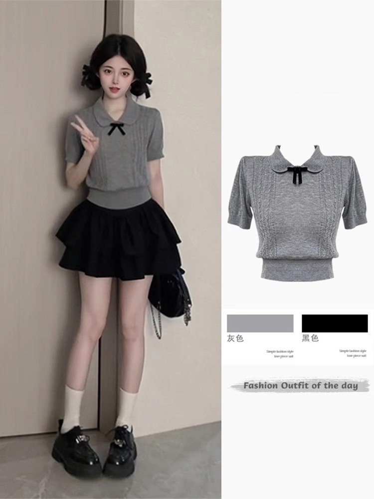 灰色娃娃领蝴蝶结针织短袖T恤法式独特别致小上衣女夏季2025新款