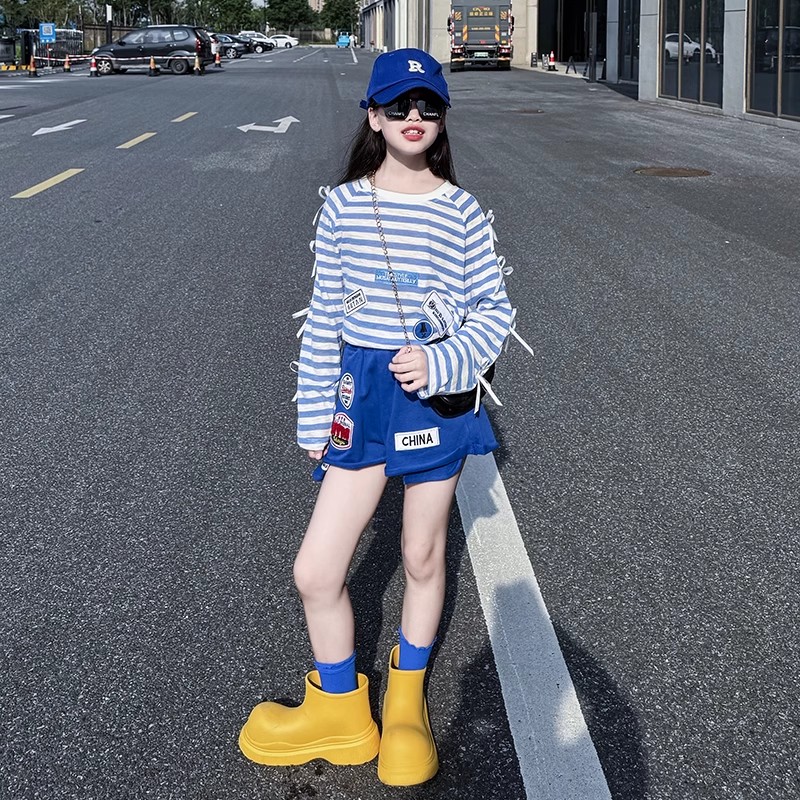 女童夏季2025新款韩版休闲条纹贴标防蚊防晒衣休闲宽松短裤套装潮