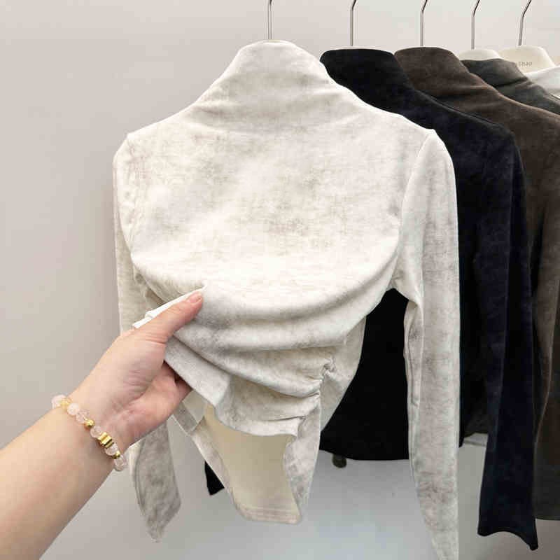 2025年新款小众正肩半高领褶皱收腰扎染长袖设计感德绒内搭上衣女