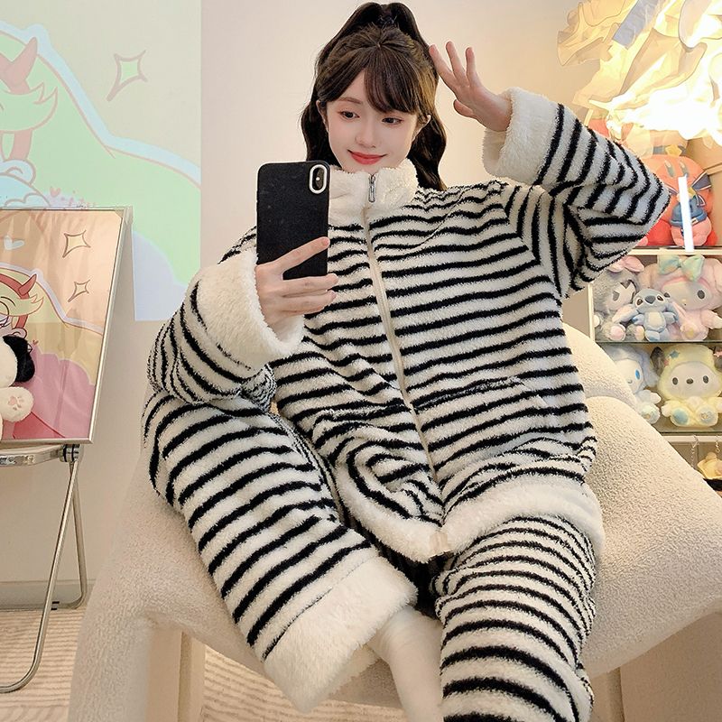 加大码睡衣女冬季加厚保暖半边绒休闲条纹宽松高领拉链套装家居服