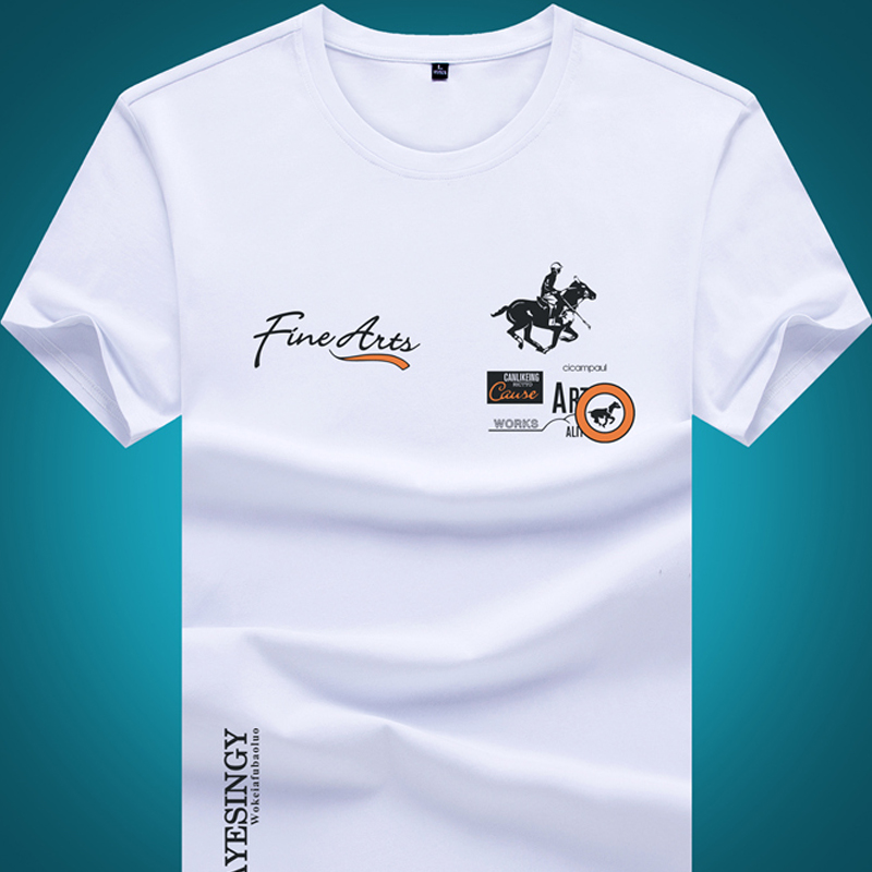 短袖男t恤 夏季纯白色丝光棉马图印花字母修身半袖上衣圆领体恤潮