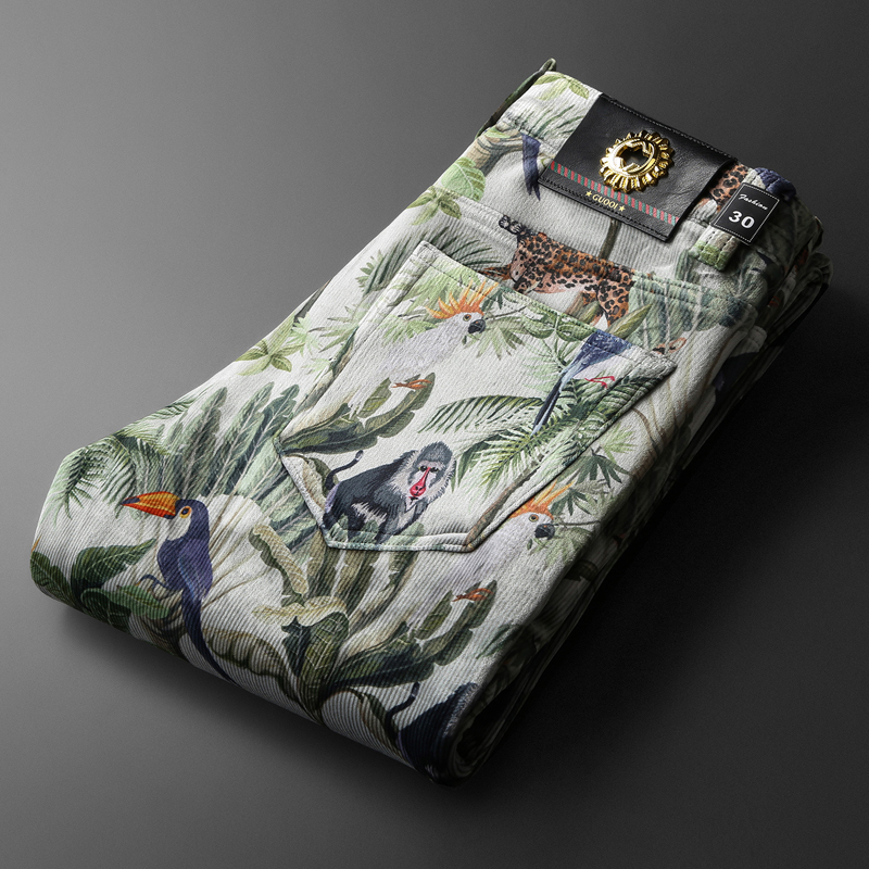 韦内卡彻灯芯绒裤子男潮流秋冬款修身条绒休闲裤丝绒印花帅气长裤