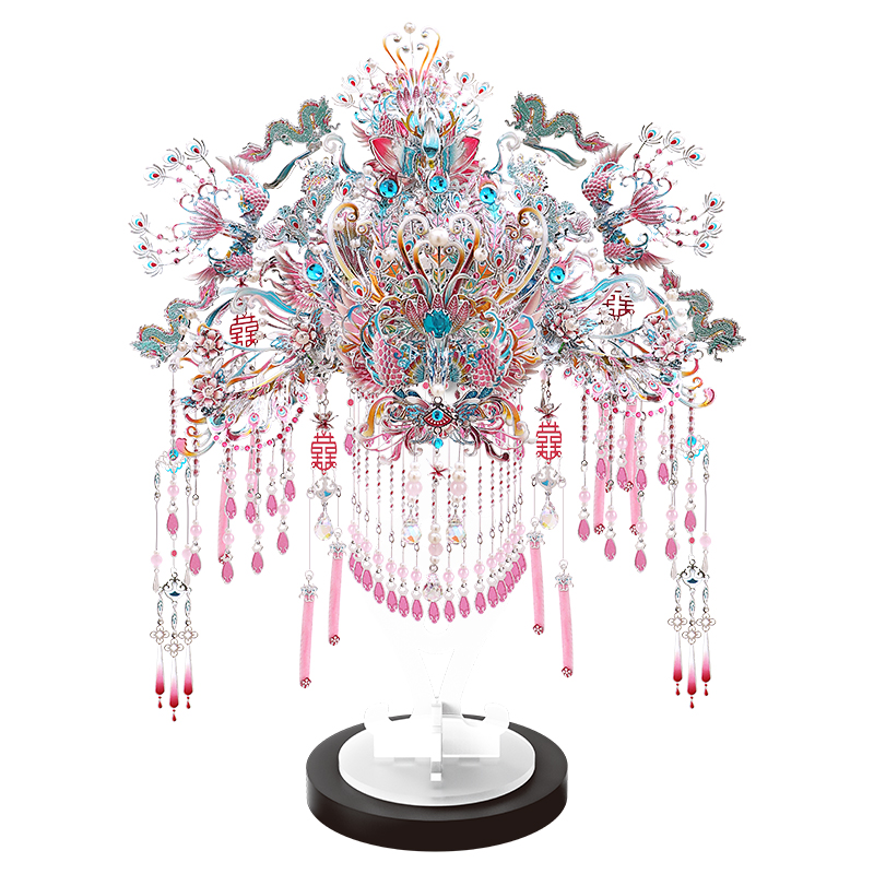 大眼东同款｜十里红妆粉色凤冠喜扇手工金属拼装拼图3d结婚礼物