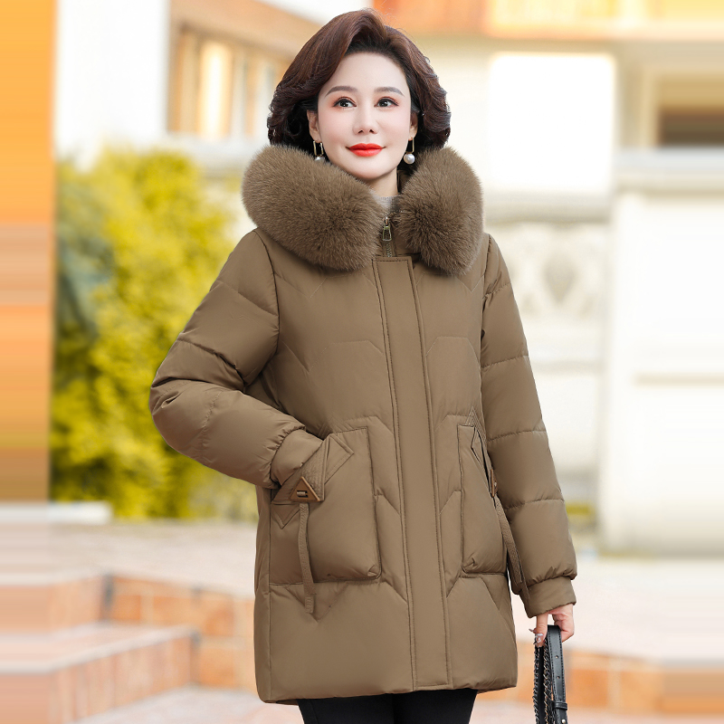 中老年羽绒服女中长款冬装中年妈妈洋气时尚休闲毛领连帽保暖外套