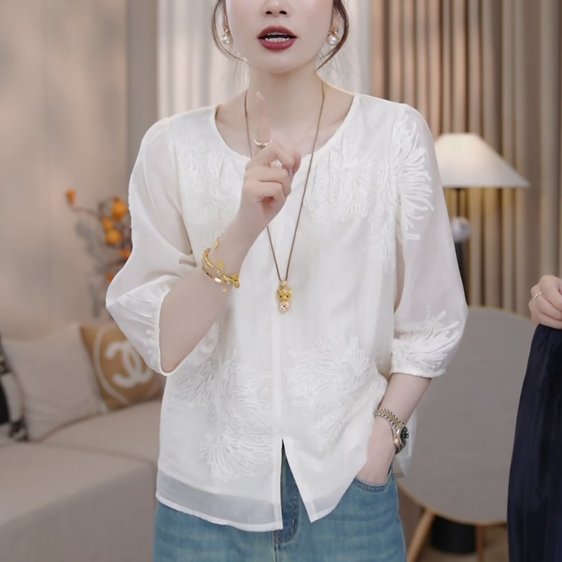 LMENY烟花漫～夏季女衬衫设计感莱赛尔刺绣宽松减龄衬衣中袖小衫