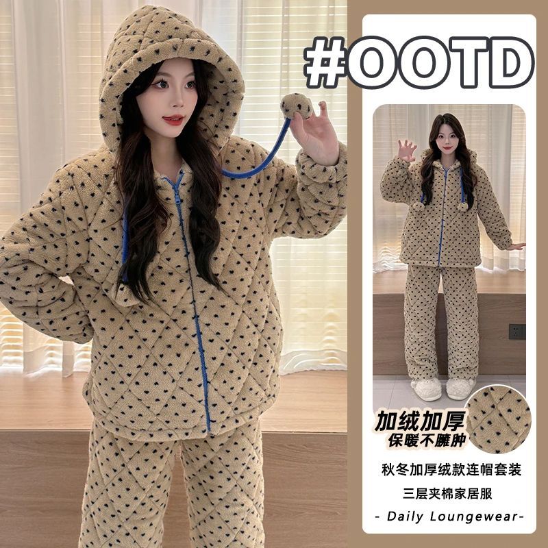 2025年加绒加厚三层夹棉冬季珊瑚绒长毛绒睡衣女士连帽家居服套装