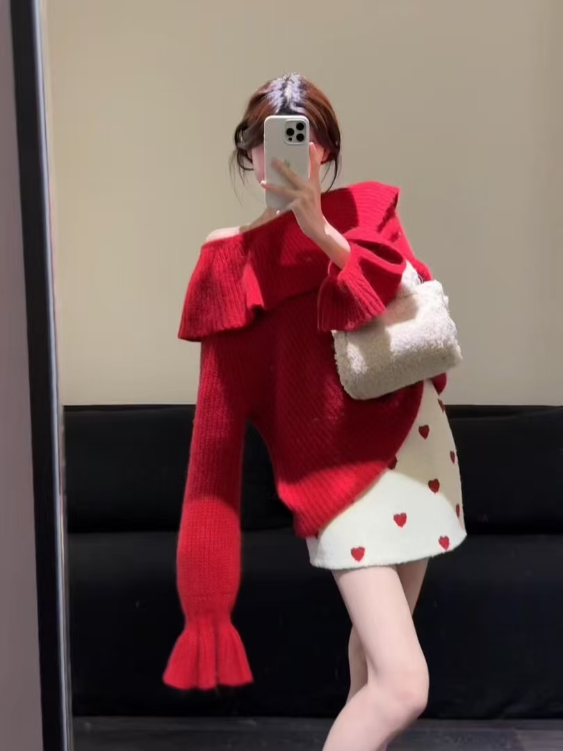 秋冬穿搭一整套韩系温柔风斜肩红色针织上衣高腰爱心半身裙两件套