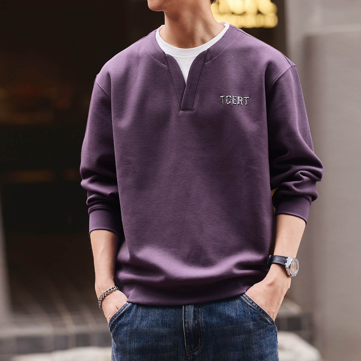 格蓝鹿美式复古字母刺绣假两件男士卫衣2025秋季新款休闲Polo衫男