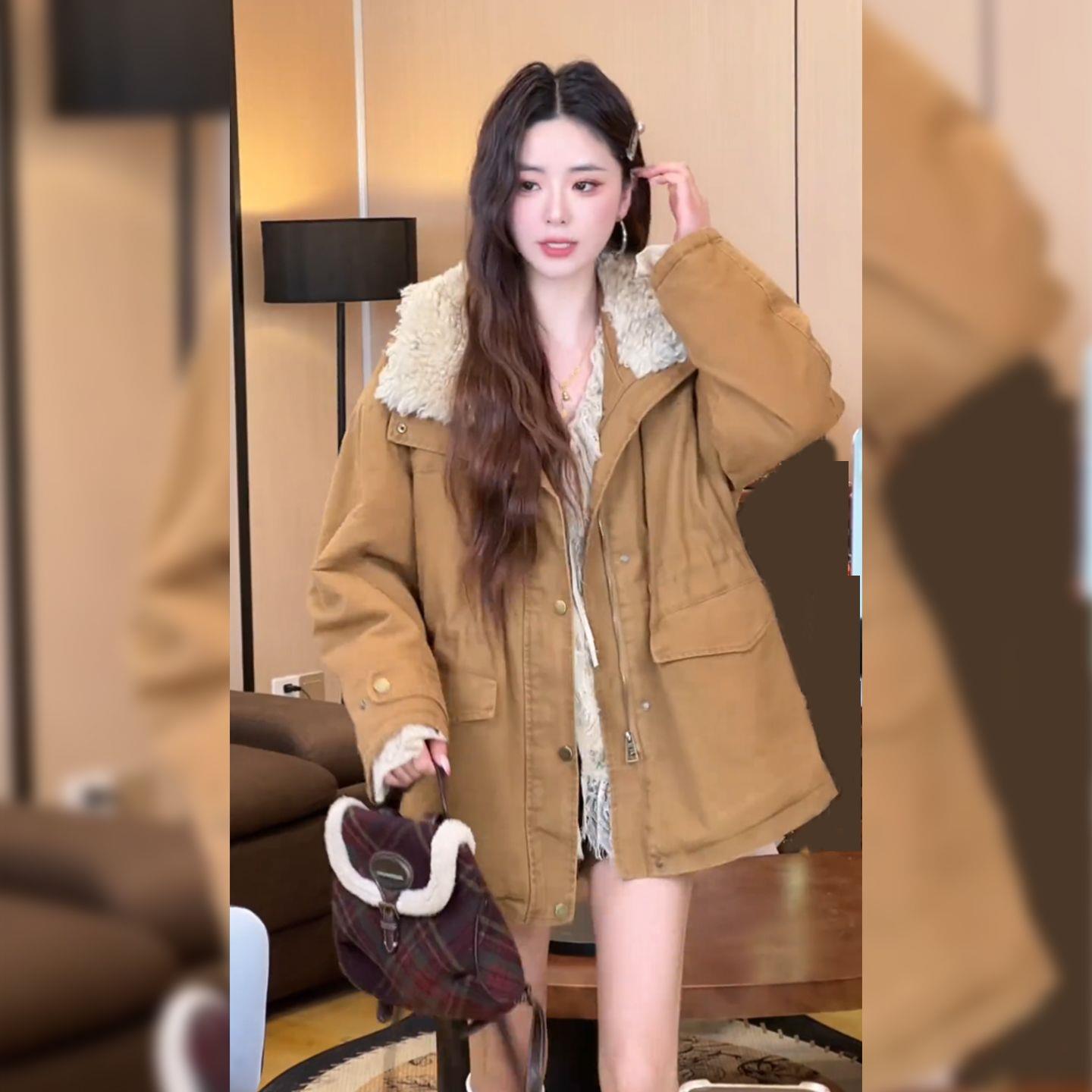 2025秋冬季新款女士宽松时尚毛毛领棉服外套中长款洋气收腰派克服