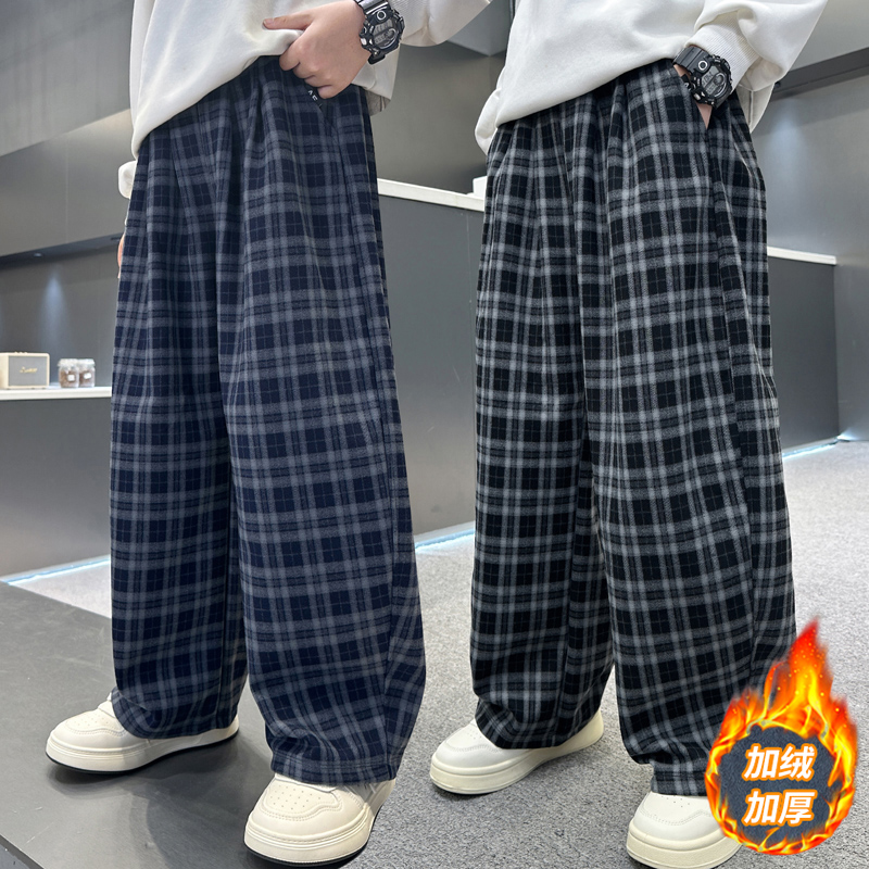 男童秋冬装裤子2025新款中大童加绒加厚儿童休闲格子阔腿裤一体绒