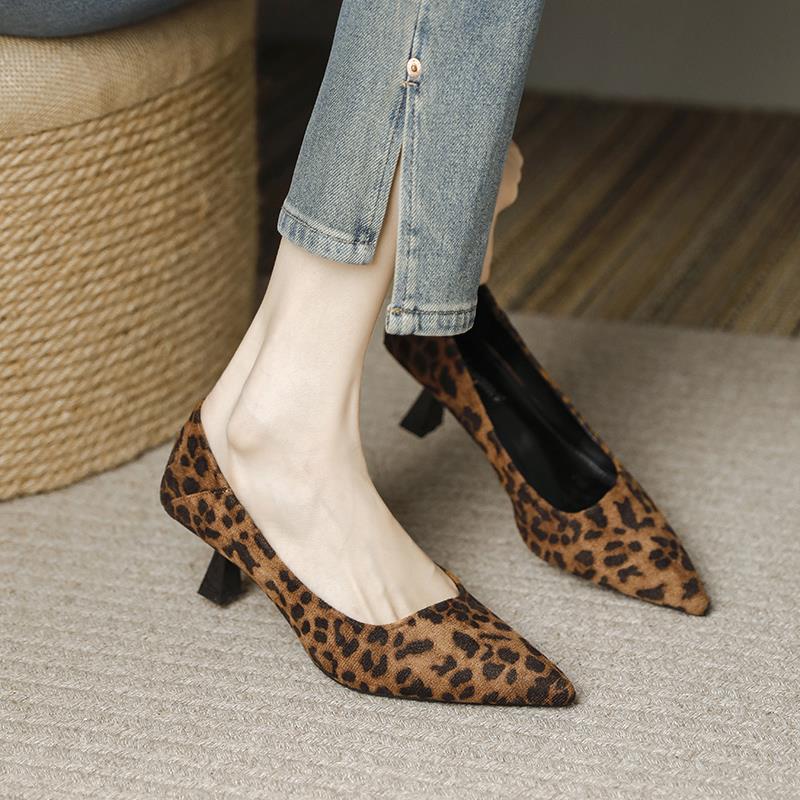 法式高跟鞋女2025新款细跟尖头豹纹鞋性感配裙子浅口气质百搭单鞋