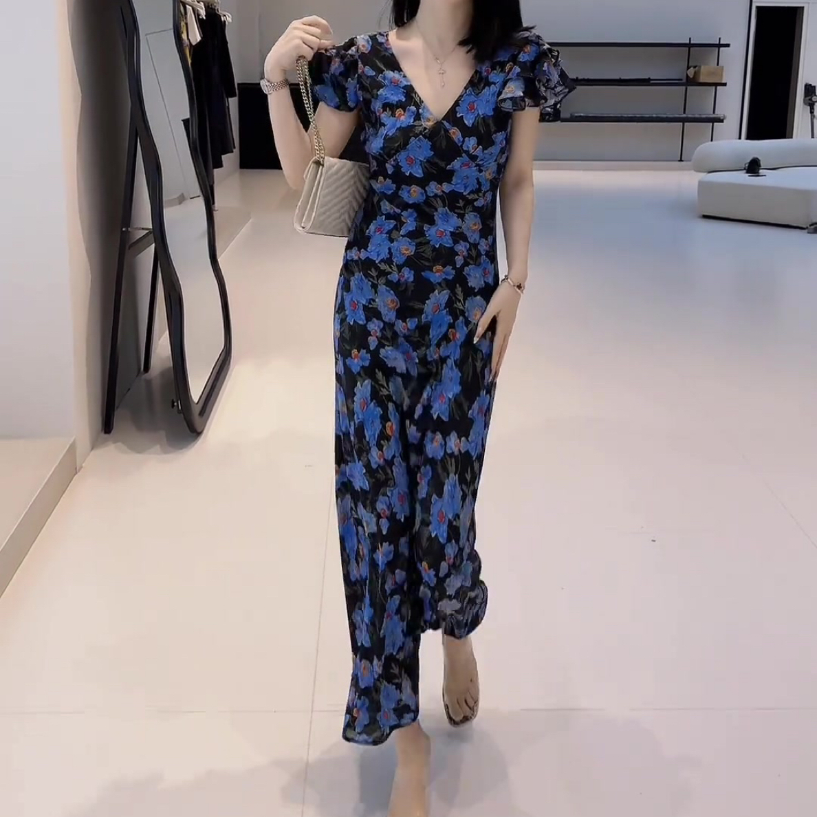 时尚碎花连衣裙长款气质优雅无袖显瘦中长裙