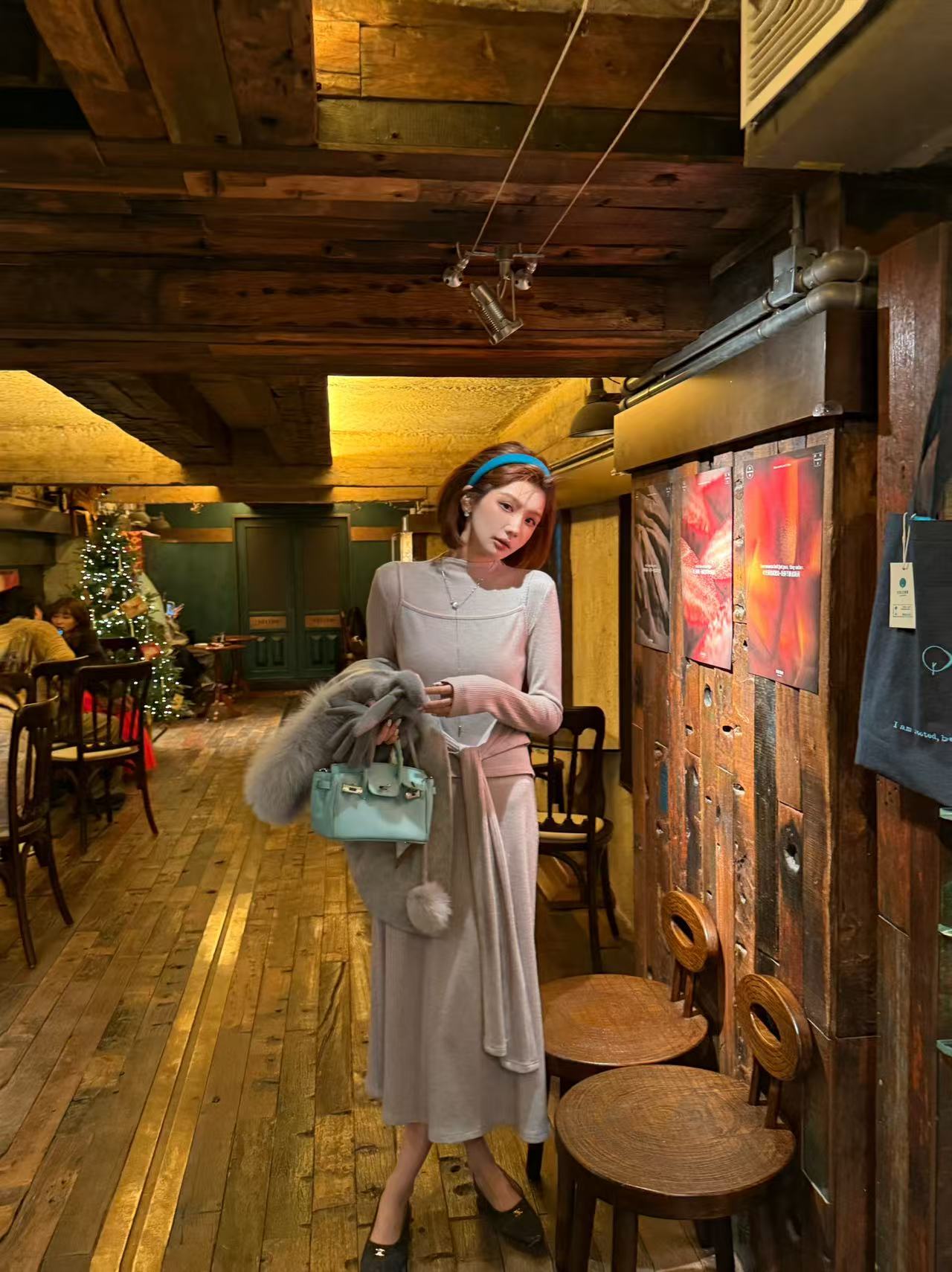 【芝士Cheese】弥漫底片 加厚款假两件叠穿设计修身长袖系带连衣裙