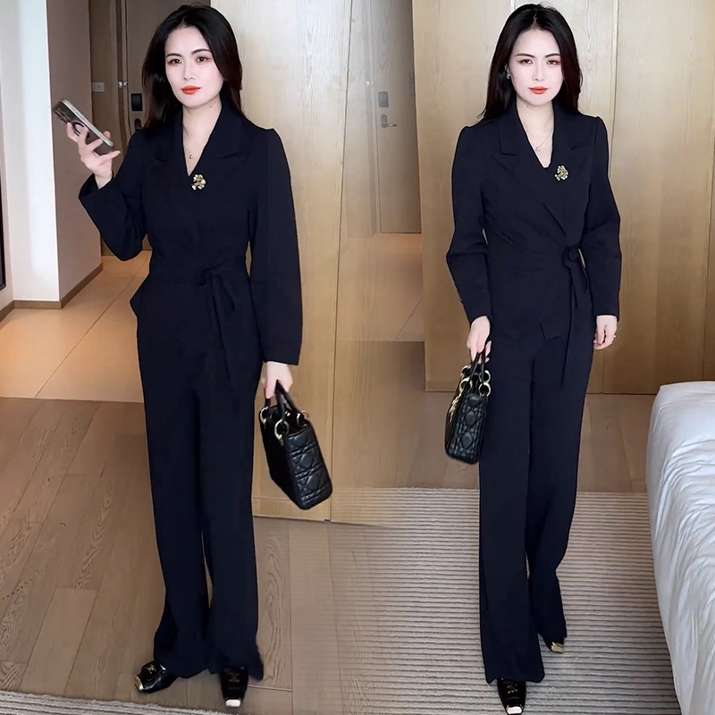 时尚西装套装女2025秋季新款洋气显瘦绑带西服上衣阔腿裤两件套潮