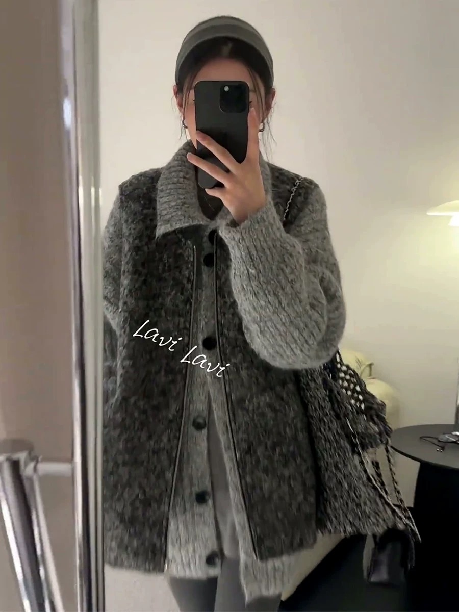 韩系复古高级针织开衫外套叠穿马甲女2025秋季新款宽松百搭两件套