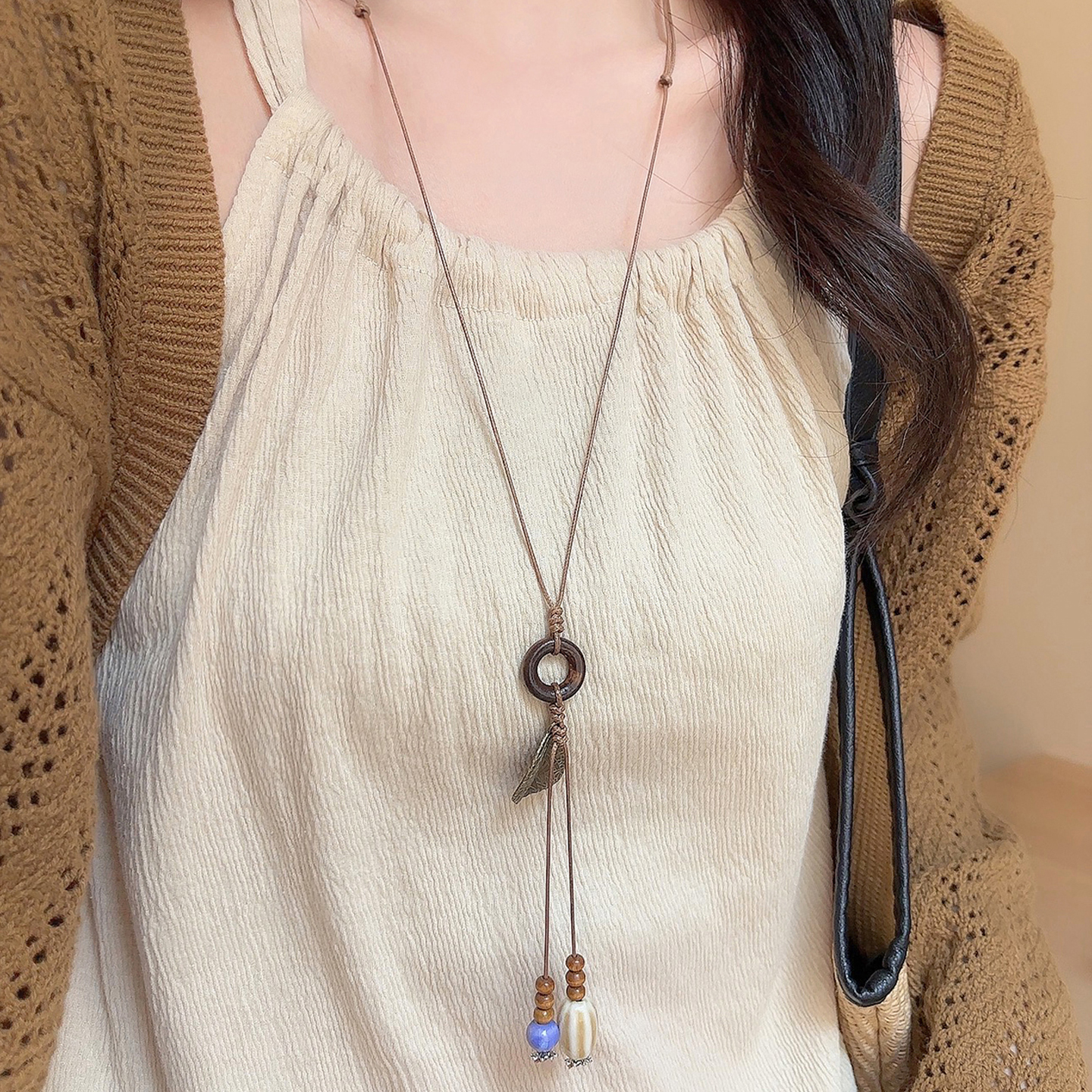 合金项链 民族风树叶吊坠长款项链女波西米亚衣服配饰复古毛衣链