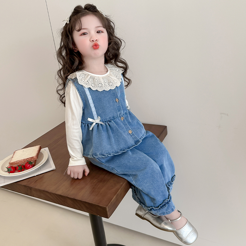 女童春秋季小香风阔腿裤牛仔套装女宝宝2025新款韩版春装两件套潮