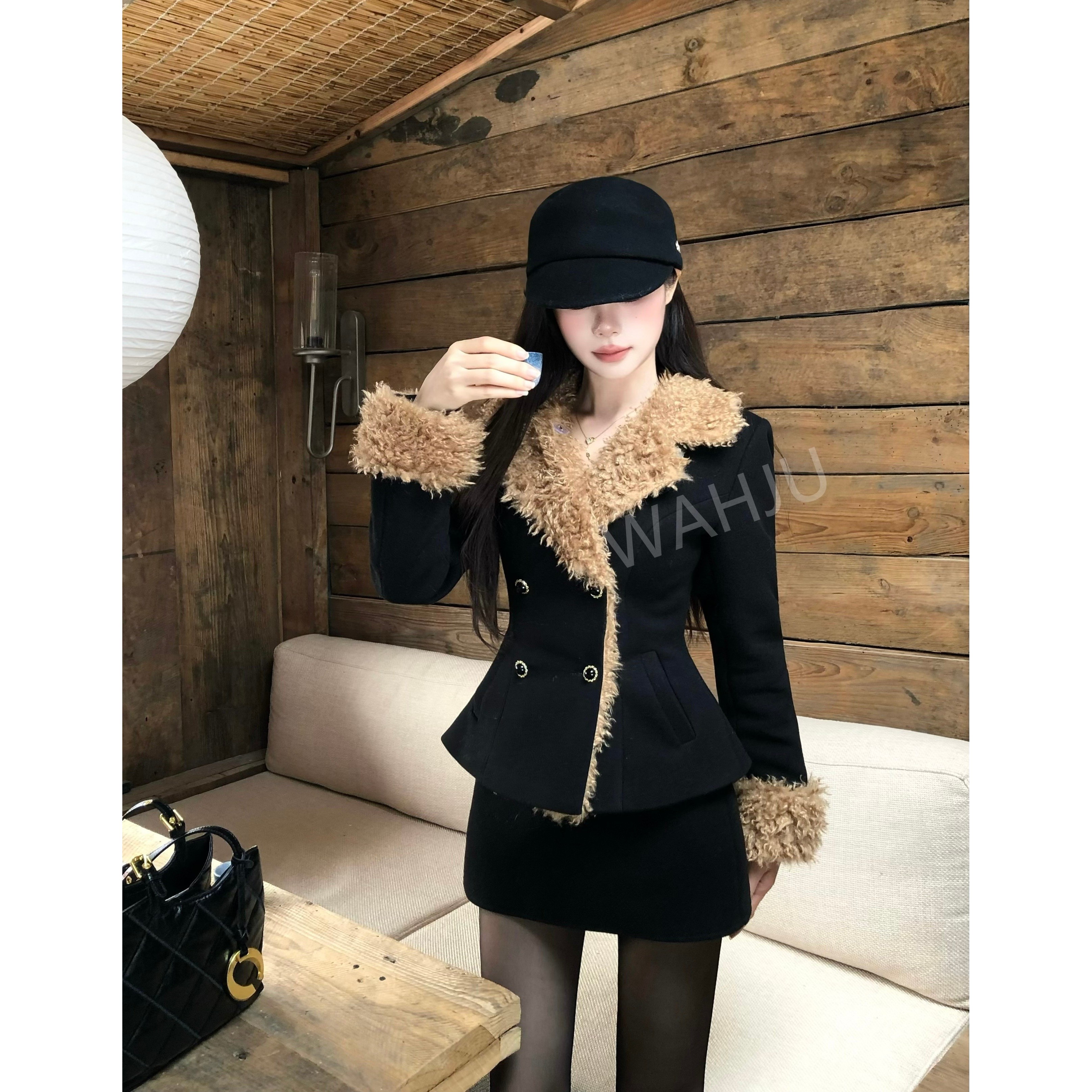 画解WAHJU【典雅新贵】千金风双排扣设计翻毛领黑色外套半裙0017W