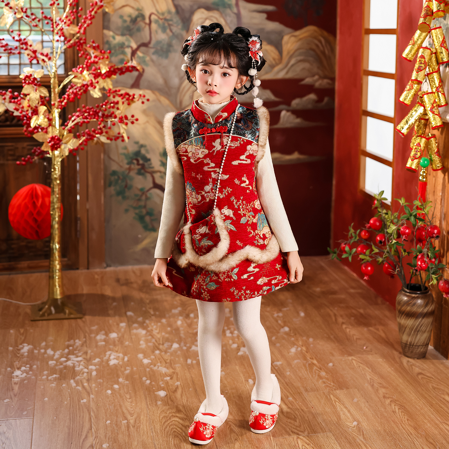 女童旗袍中式加绒国风中小童国潮冬季加厚小女孩喜庆马甲拜年服冬