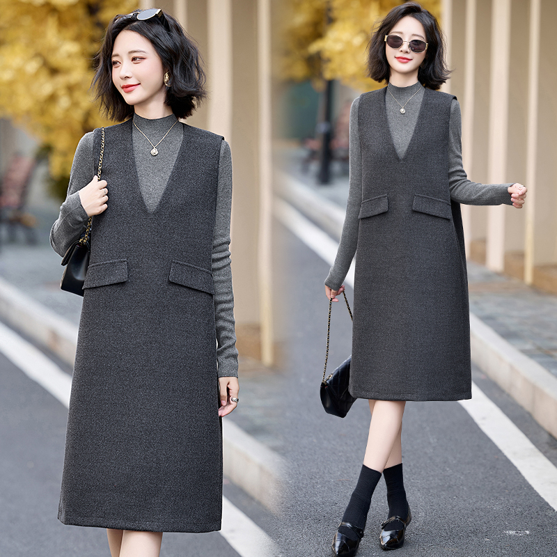 秋冬连衣裙2026新款针织长袖毛呢背心裙背带裙套装冬季穿搭一整套