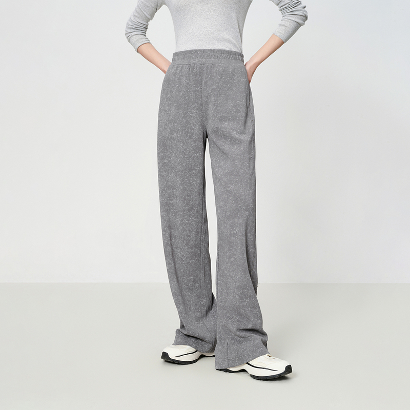 EP雅莹2025春装新款女装 灰色松紧腰舒适长绒棉松弛感直筒裤6408C