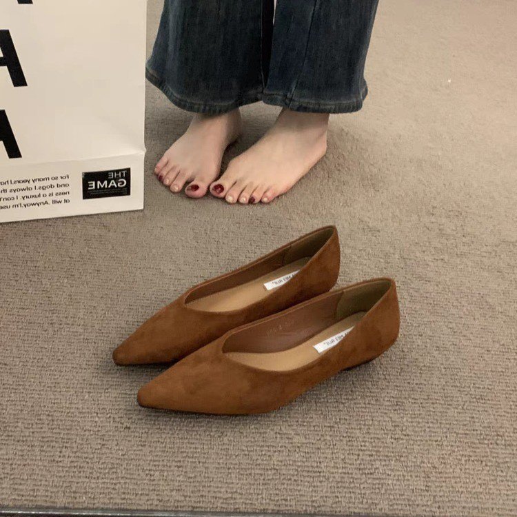 复古低跟尖头浅口单鞋女鞋子2025新款秋季绒面气质一脚蹬通勤鞋