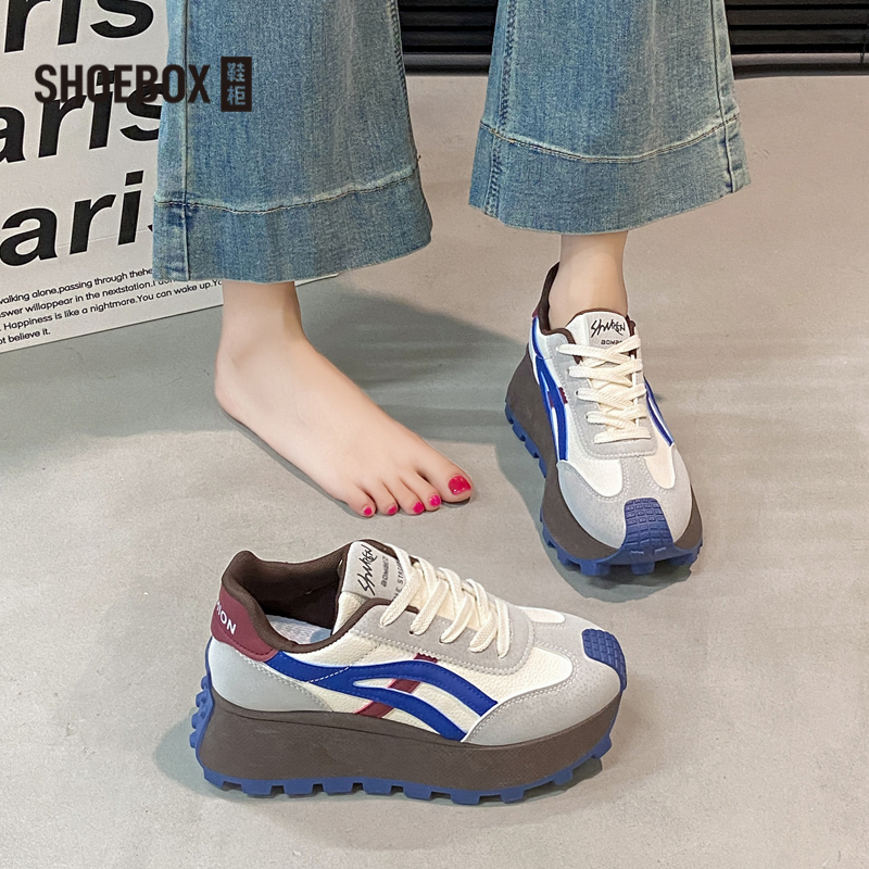 SHOEBOX鞋柜厚底阿甘鞋女2025秋季新款复古百搭拼色增高休闲鞋