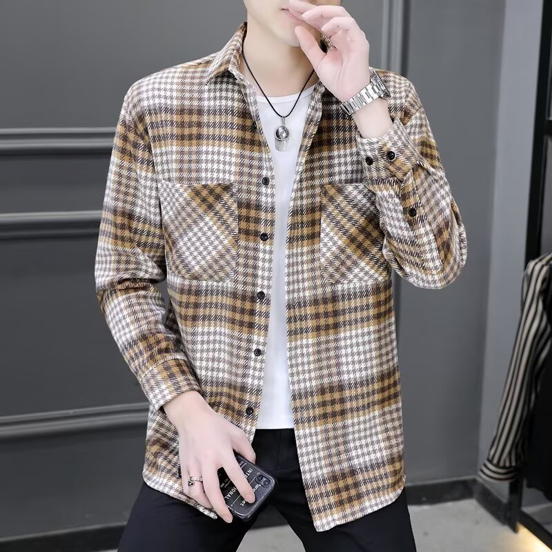 格子长袖衬衫男宽松大码韩版潮流休闲秋季新款帅气翻领衬衣外套潮