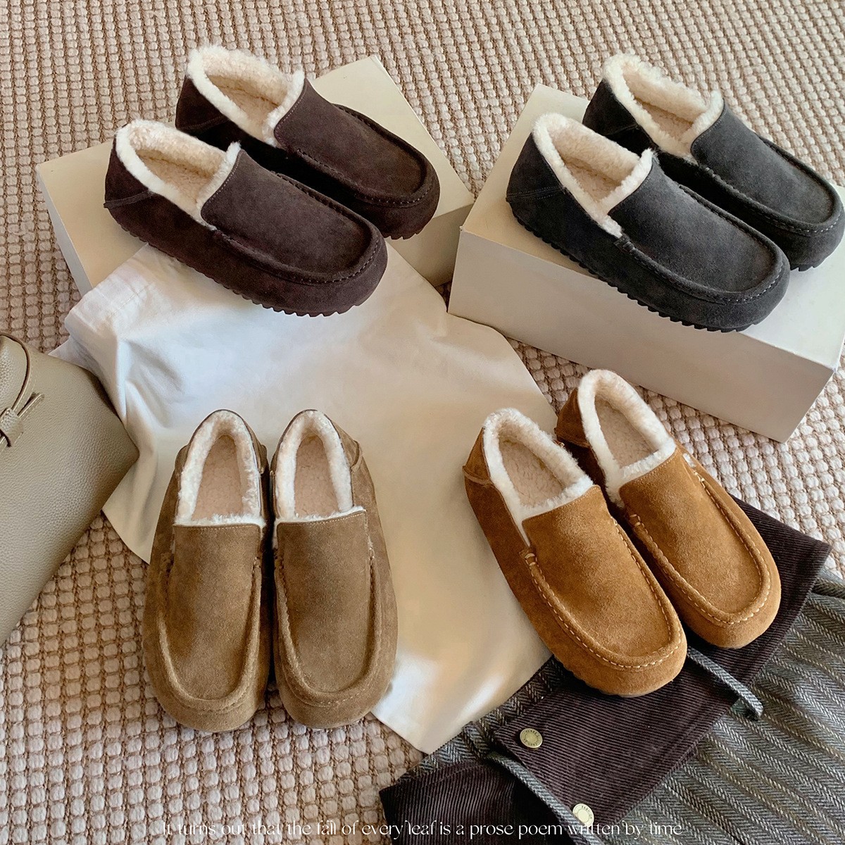 新款葡萄妈同款 内增高4cm~方圆头厚底一脚蹬毛毛乐福豆豆鞋