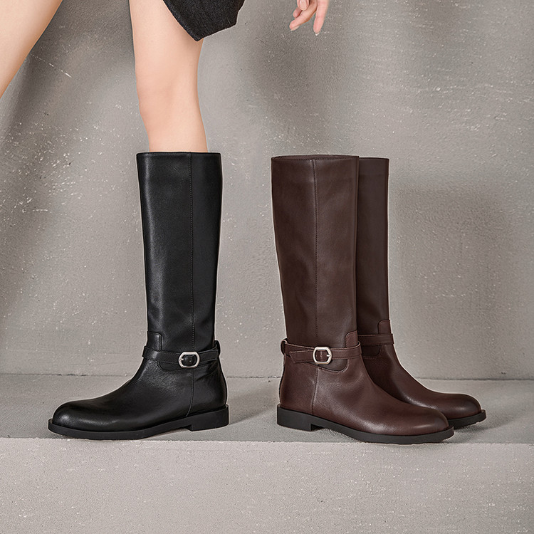 2.5cm 复古皮带扣百搭骑士靴秋冬通勤休闲简约网红时尚棕色高筒靴