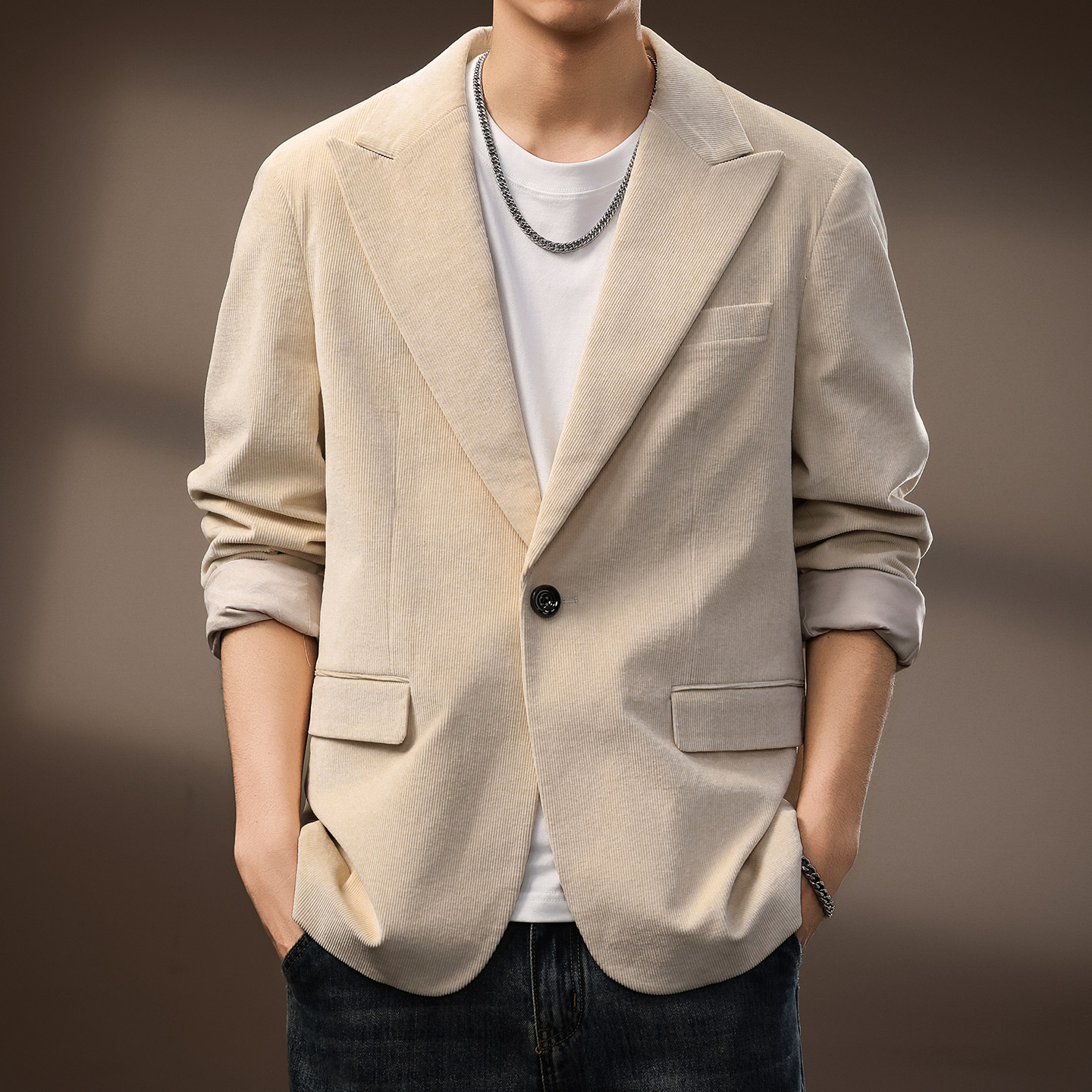 高端美式复古灯芯绒西装外套男秋季新款宽松潮流职业上班通勤西服