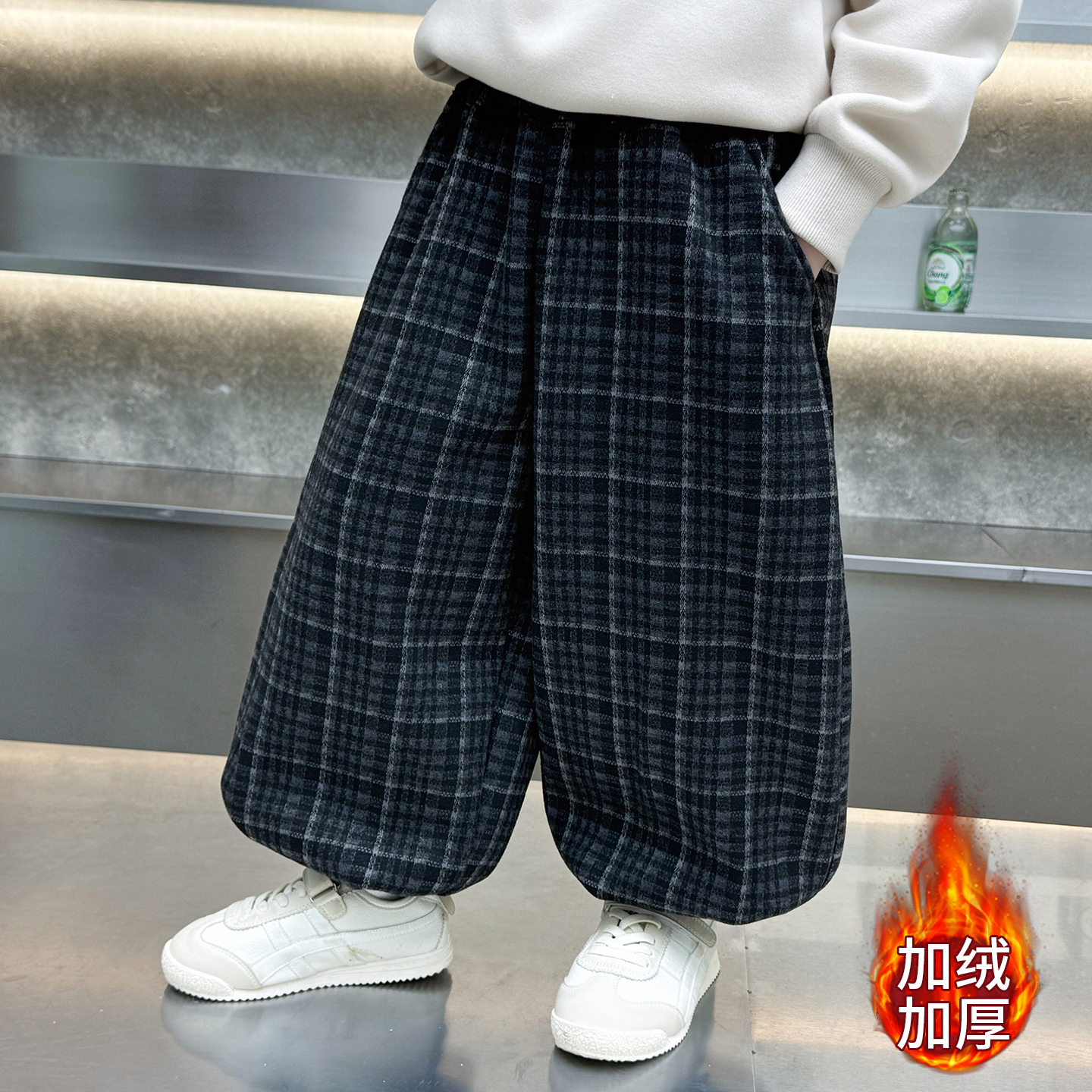 男童加绒裤冬季儿童一条过冬灯笼裤2025新款宝宝一体绒加厚长裤潮