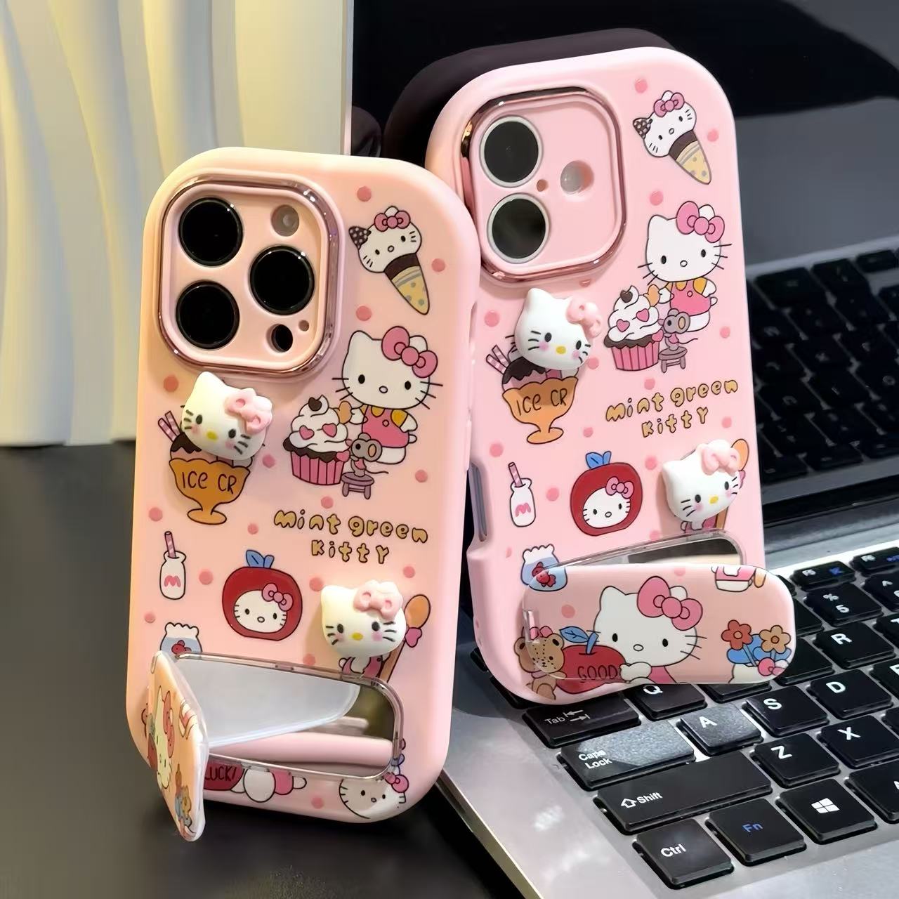 波点雪糕Kitty支架适用苹果17手机壳iPhone16小米14vivo华为oppo