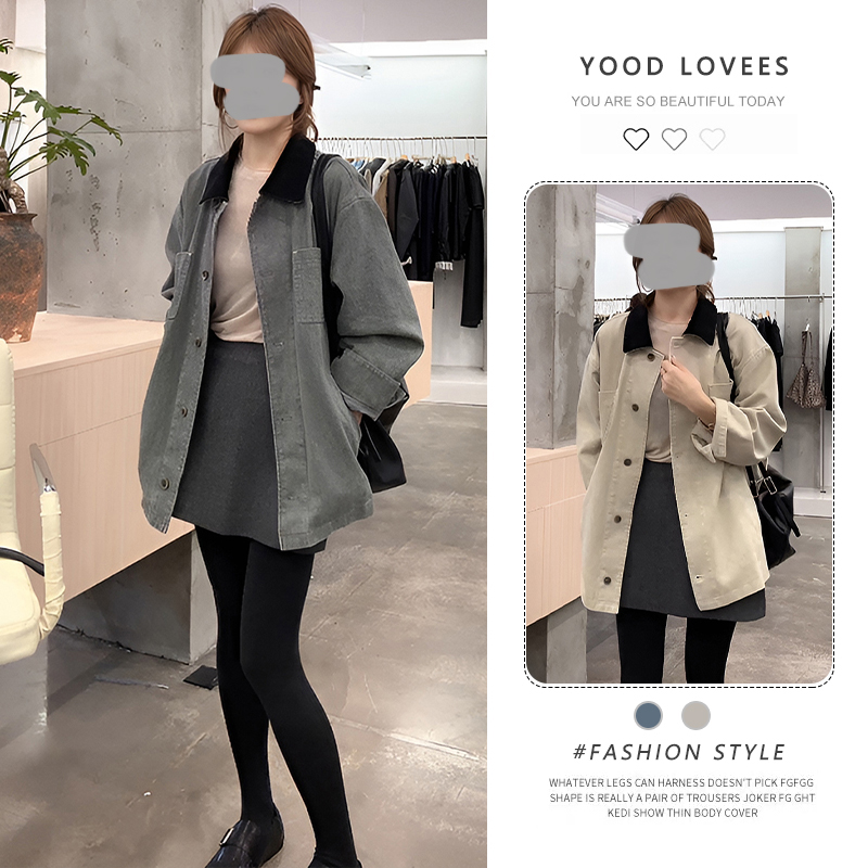 韩版2026春秋新款时尚撞色翻领水洗牛仔外套女宽松百搭夹克上衣潮