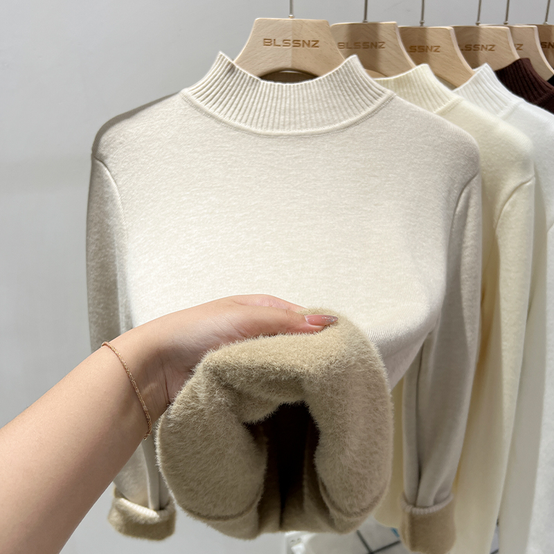 圆领加绒毛衣女秋冬加厚2025新款水貂一体绒保暖上衣打底衫女内搭