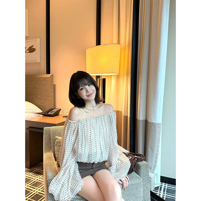 法式设计感露肩短款波点辣妹长袖衬衫女秋季高腰修身包臀半身短裙