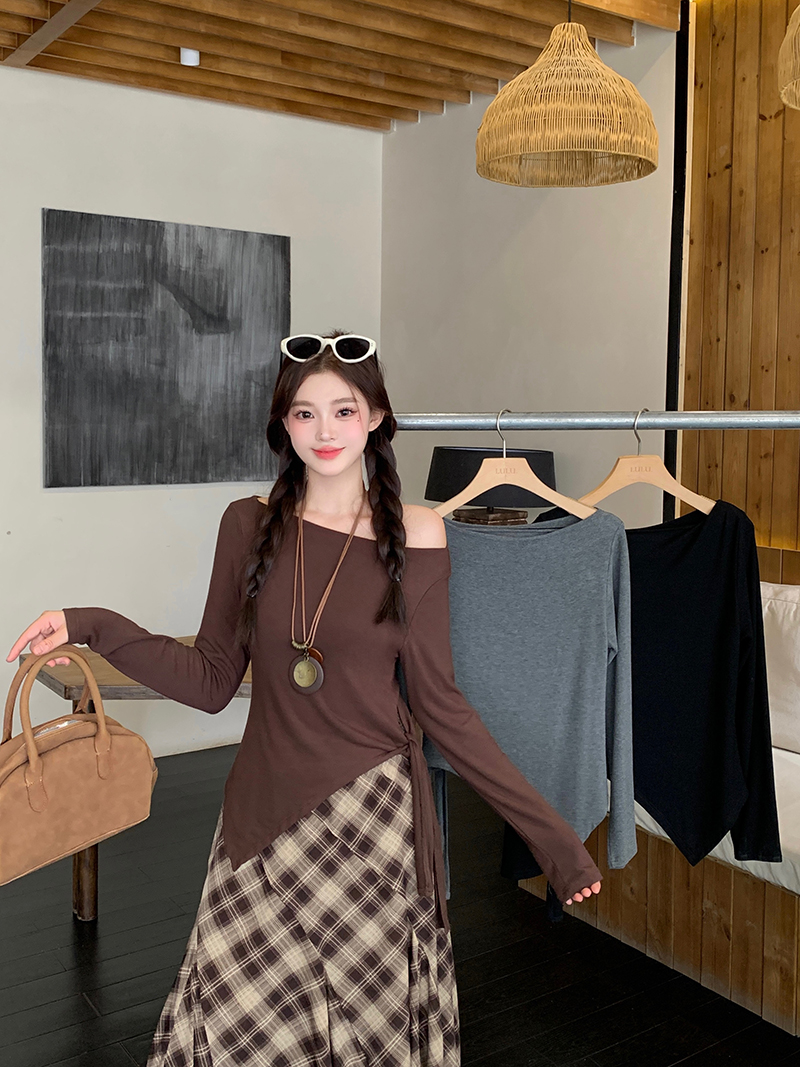 2025秋装新款胖mm大码女气质优雅露肩不规则绑带长袖上衣A2325