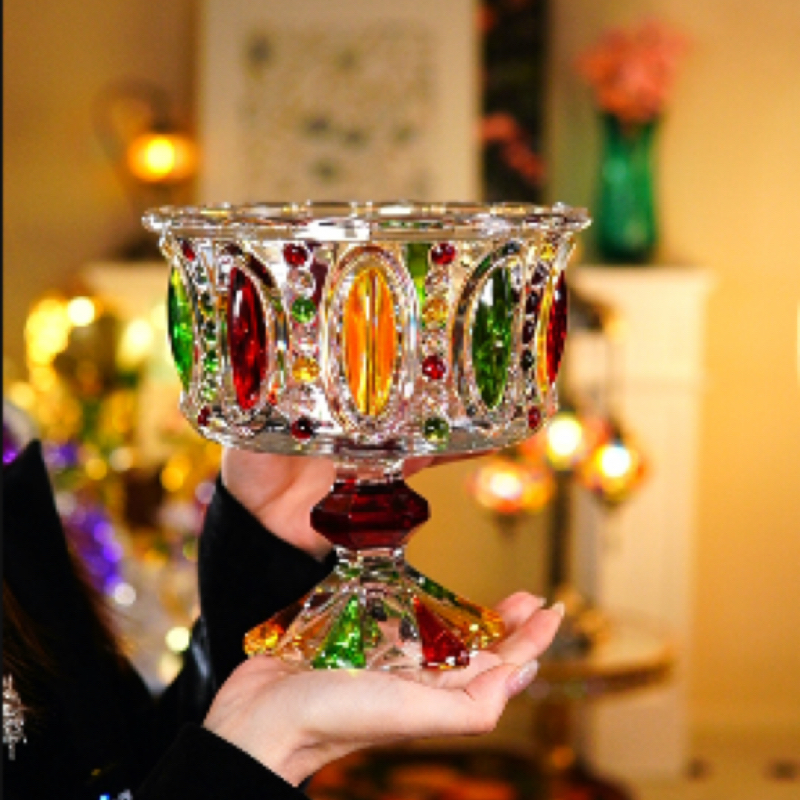 彩绘绿色龙眼果斗轻奢珠点高脚家用客厅干果水果糖果斗