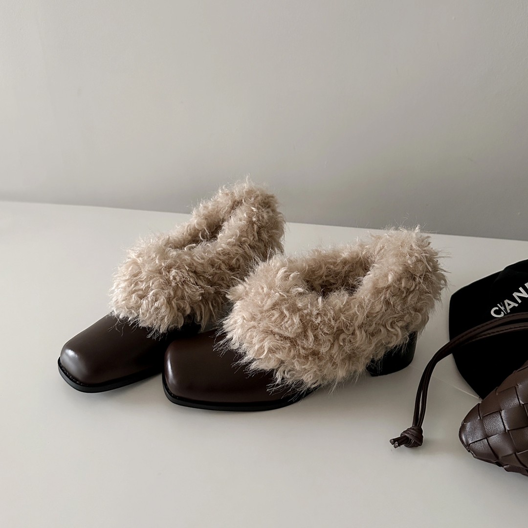 牛皮~复古方头毛毛鞋一脚蹬加绒保暖玛丽珍棉鞋粗跟单鞋小皮鞋女