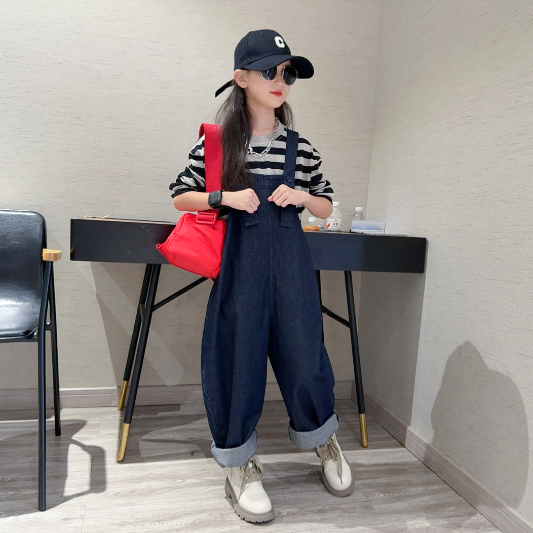 女童春秋款条纹打底衫套装女大童儿童秋装牛仔裤背带裤休闲两件套