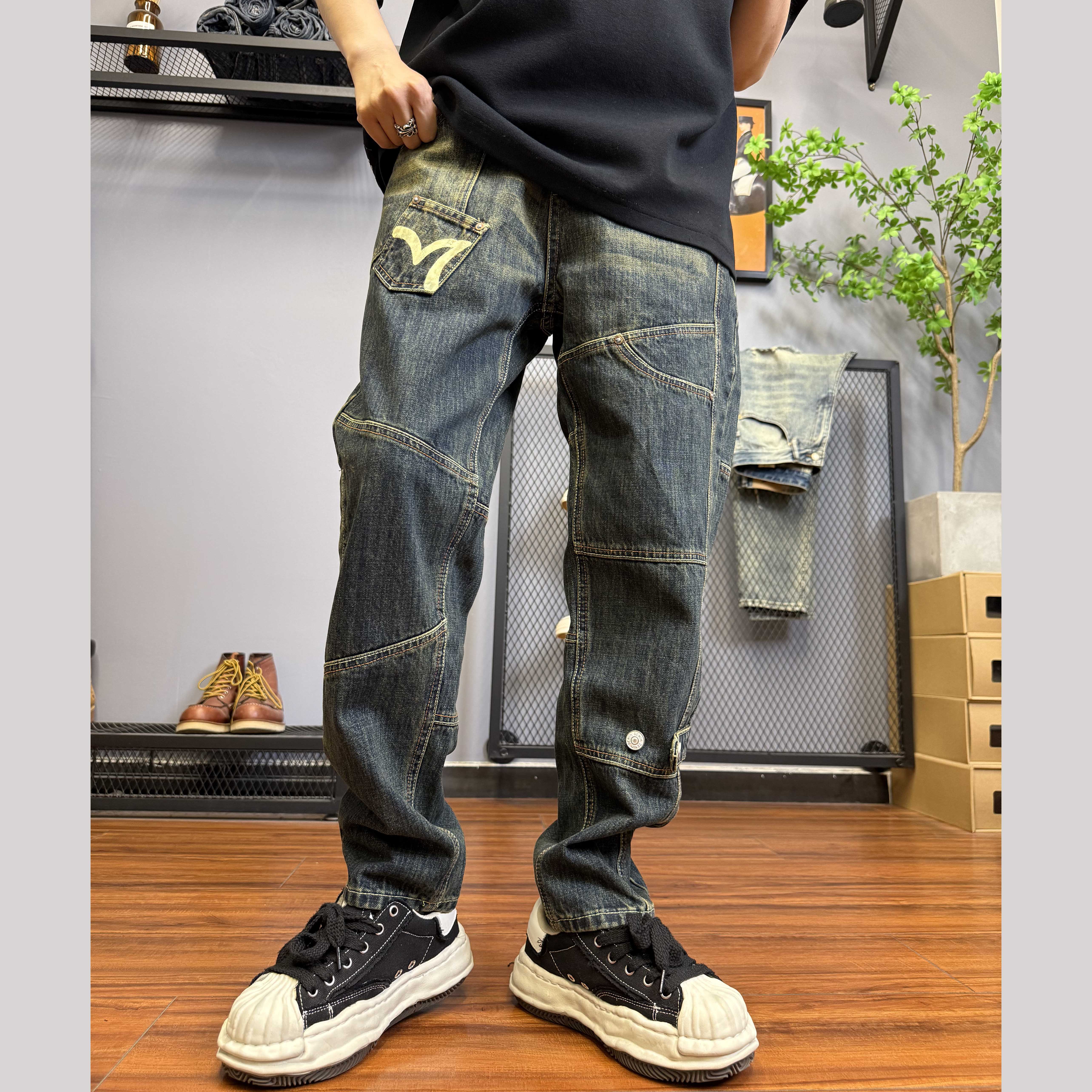 秋冬潮牌复古水洗牛仔裤男拼接多口袋美式高街宽松直筒长裤5877