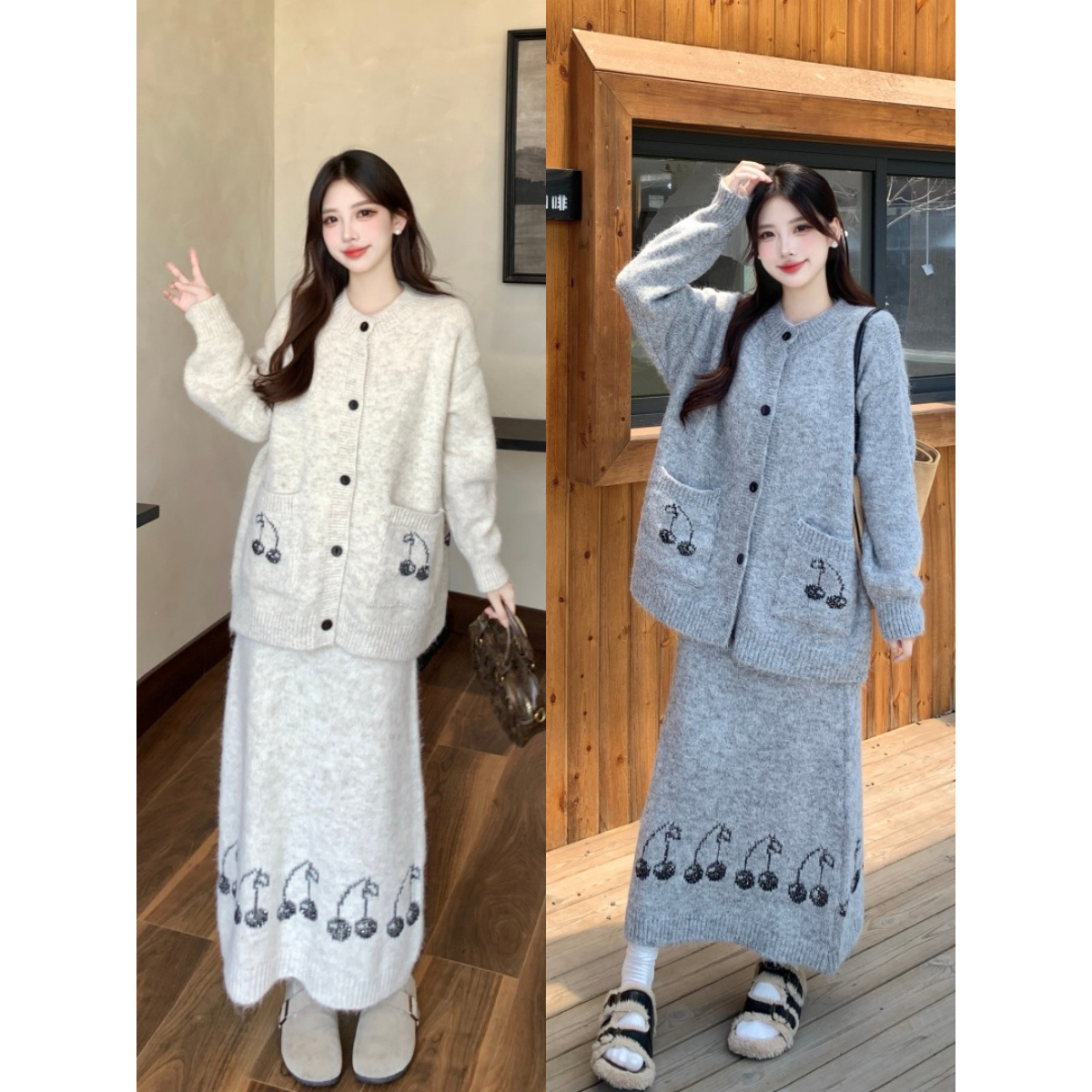 【樱桃派对】大码秋冬韩系刺绣樱桃针织宽松慵懒显瘦毛衣气质两件套