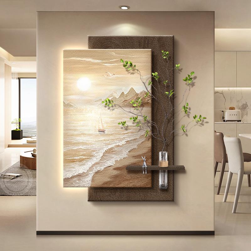 侘寂风玄关装饰画海浪客厅走廊过道挂画高级感水培绿植入户门壁画
