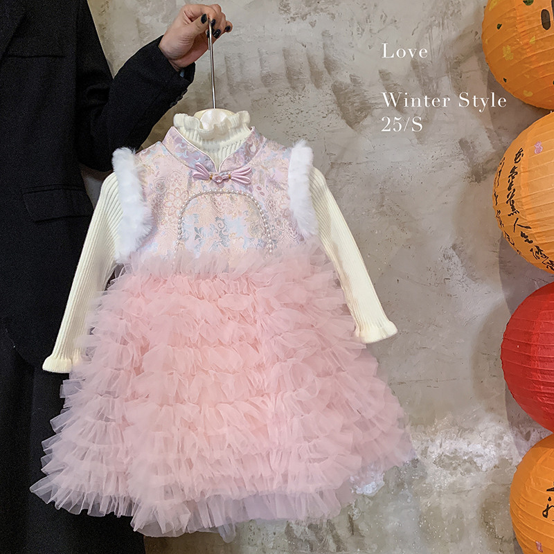 儿童秋冬"倾风许意"女童针织上衣+无袖加绒国风连衣裙新中式年服5