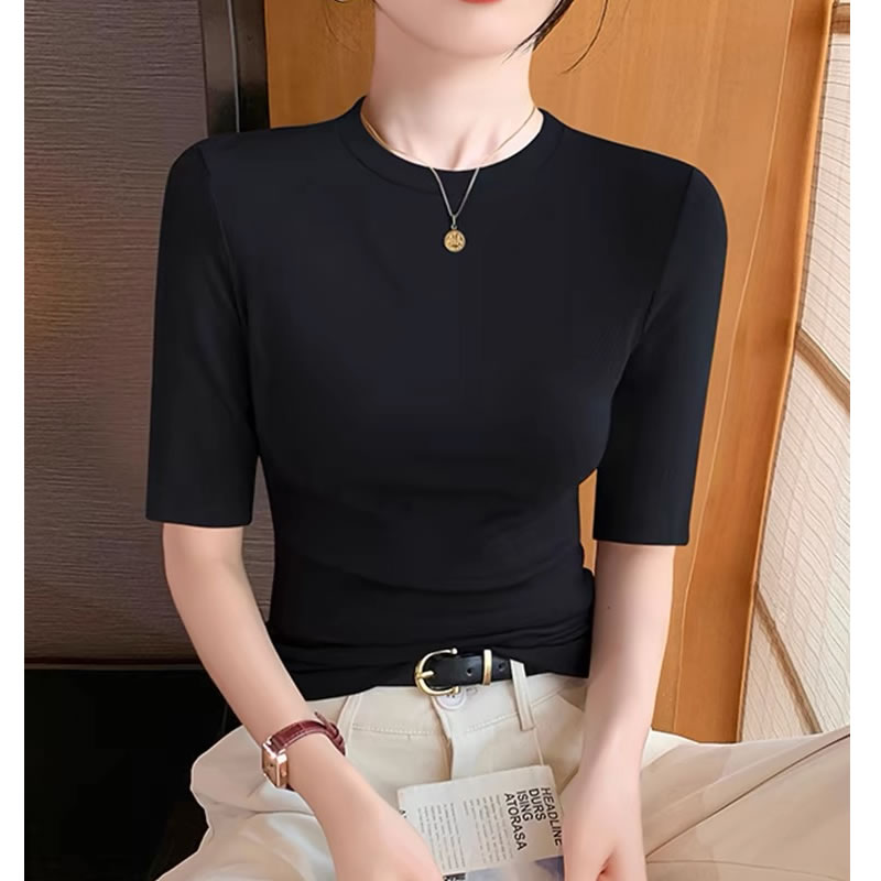 【爆款推荐】黑色圆领中袖T恤女2025新款正肩打底衫