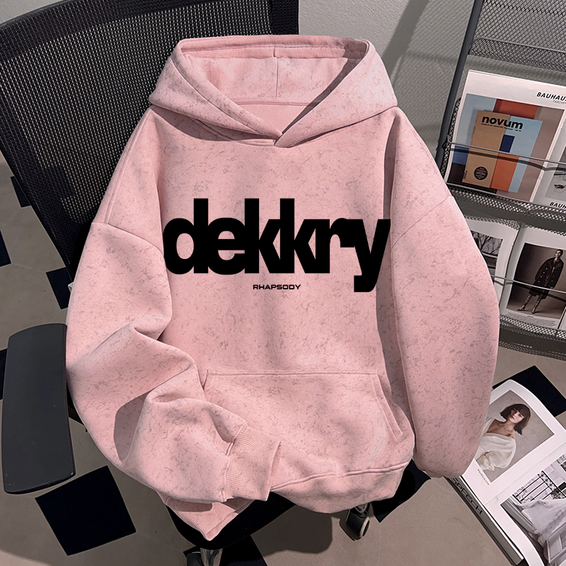 Dekkry潮流蜡染连帽设计卫衣男女款秋冬别致字母印花加绒套头上衣