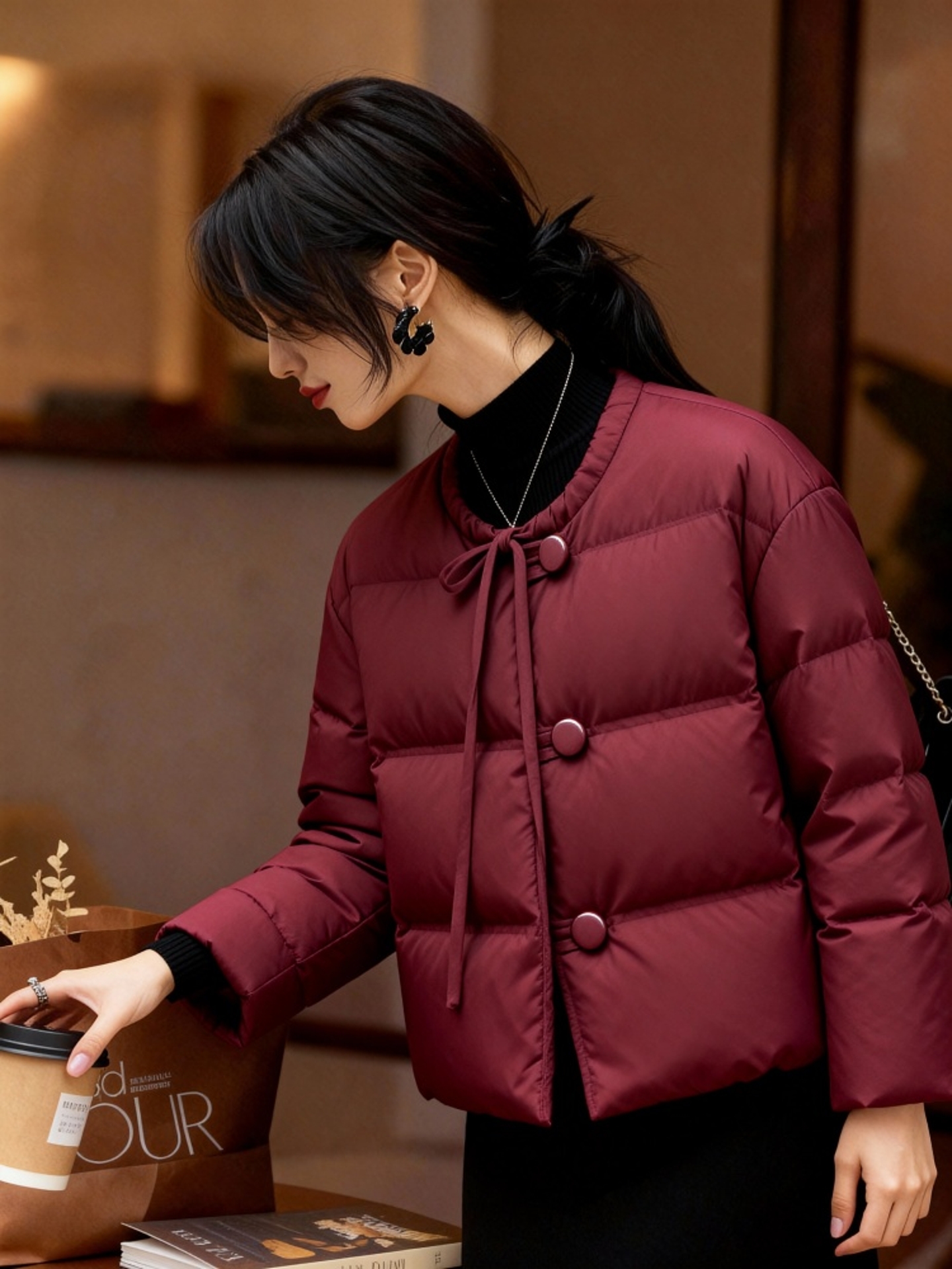 新年圣诞穿搭酒红色立领棉服外套女冬加厚防寒保暖夹棉棉衣棉袄潮