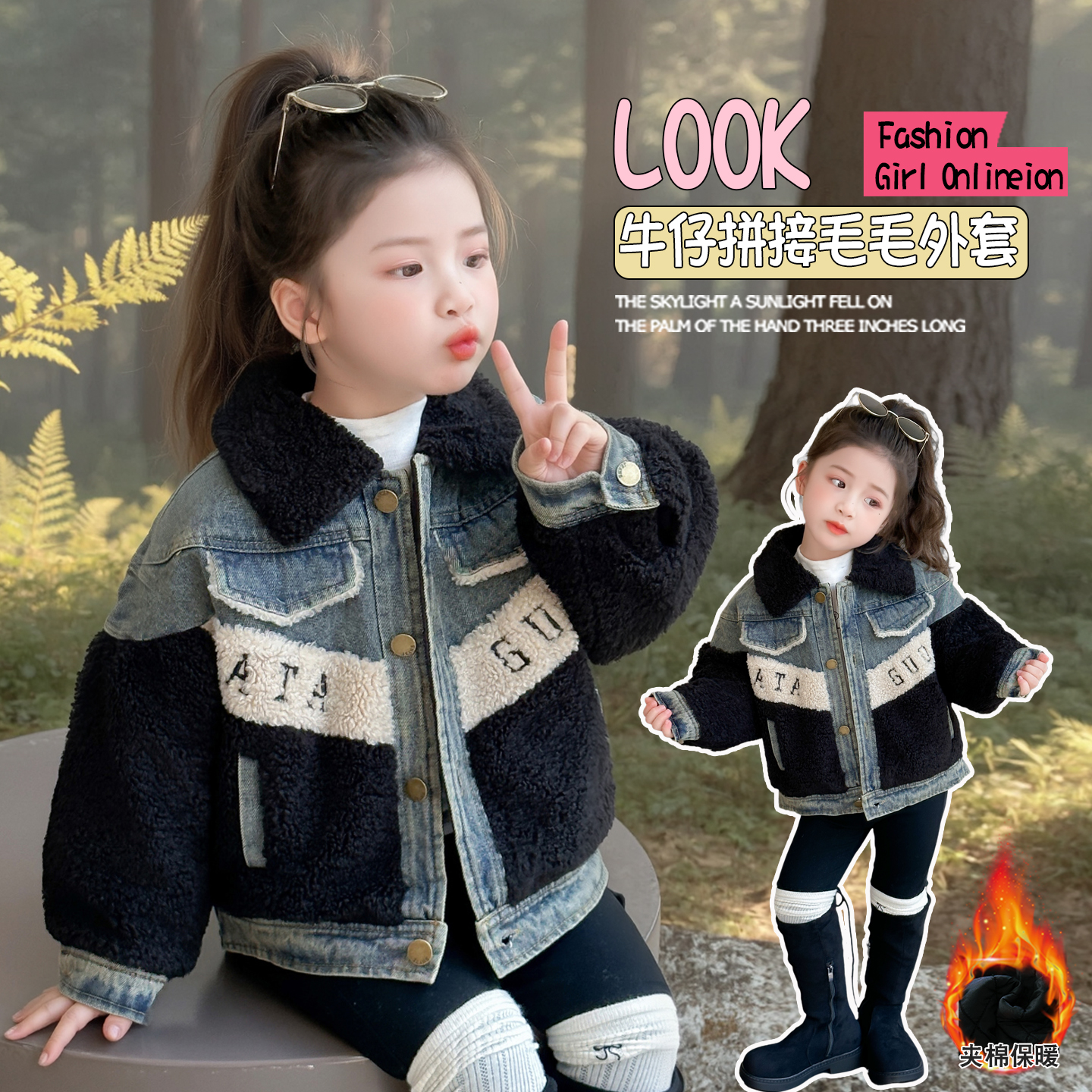 女童加厚牛仔外套冬季2025新款女孩炸街中小童拼接毛毛衣保暖棉服